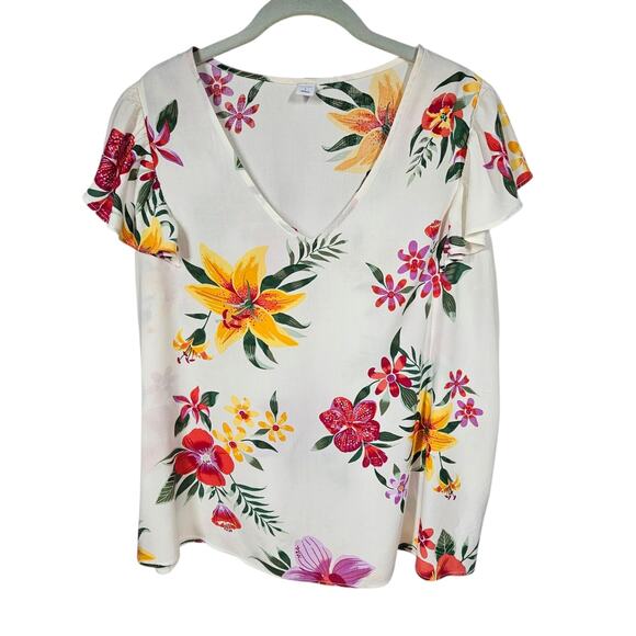 Old Navy Tropical Floral V-Neck Blouse with Flutter Sleeves Women's L - Picture 1 of 7